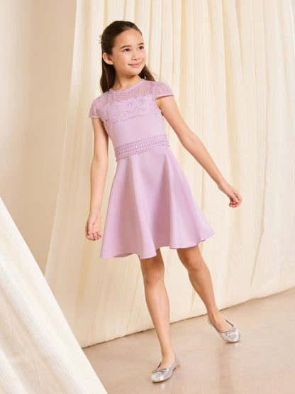 Lipsy Lilac Purple Bow Lace Scuba Occasion Dress (5-16yrs) image 3