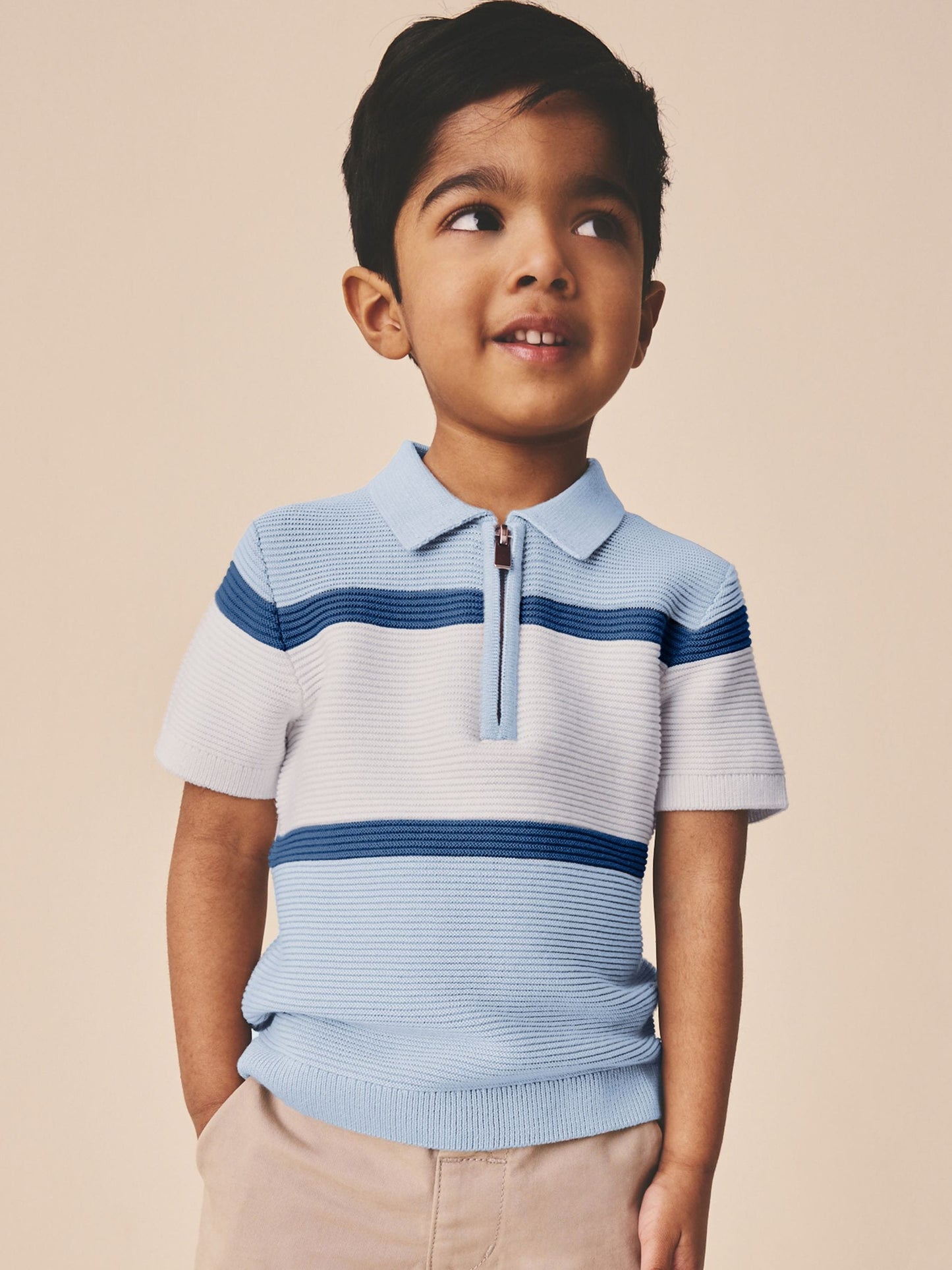Dsiney Kidz - Blue Colourblock Knitted Zip Neck Polo Shirt (3mths-7yrs) image 1