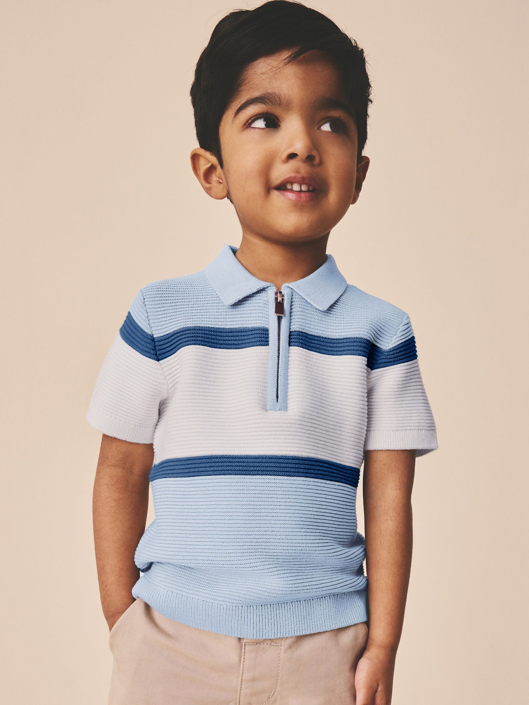 Dsiney Kidz - Blue Colourblock Knitted Zip Neck Polo Shirt (3mths-7yrs) image 1
