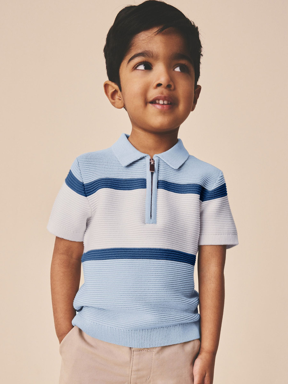 Dsiney Kidz - Blue Colourblock Knitted Zip Neck Polo Shirt (3mths-7yrs) image 1