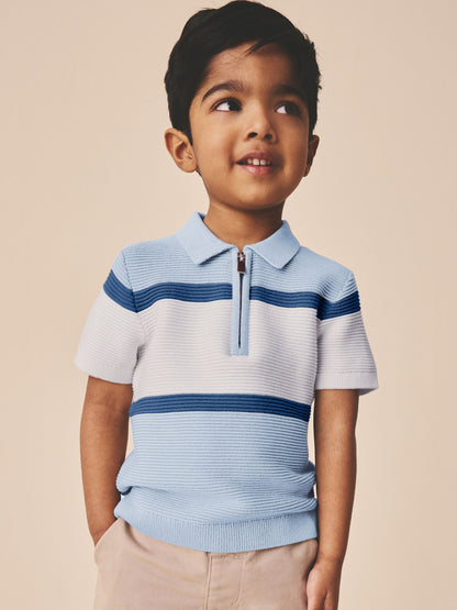 Dsiney Kidz - Blue Colourblock Knitted Zip Neck Polo Shirt (3mths-7yrs) image 1