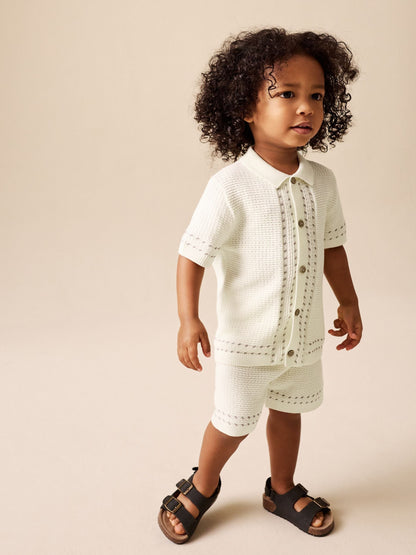 Ecru Textured Knitted Button Through Polo Shirt and Shorts Set (3mths-10yrs) image 1
