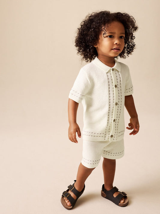 Ecru Textured Knitted Button Through Polo Shirt and Shorts Set (3mths-10yrs) image 1