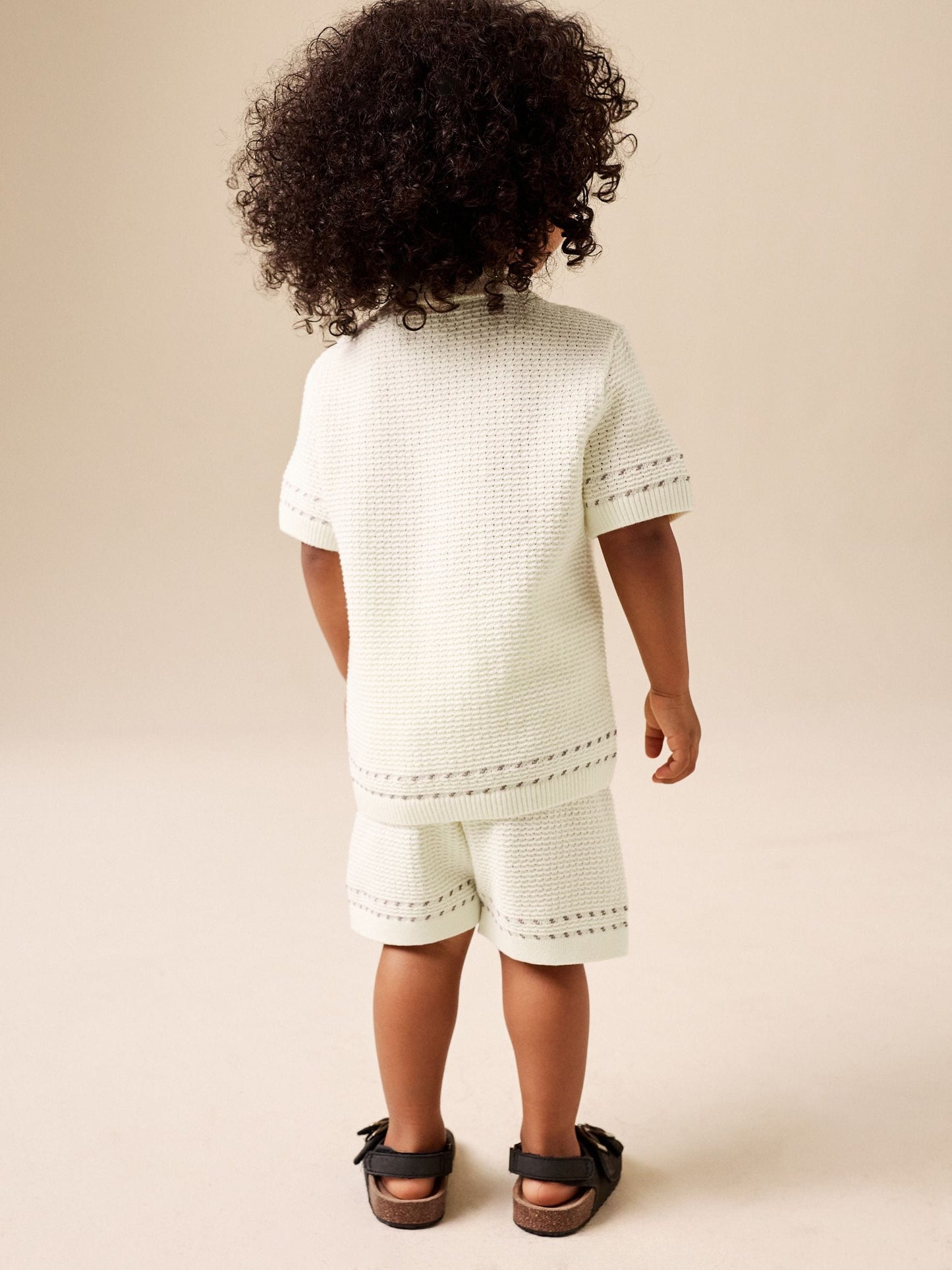 Ecru Textured Knitted Button Through Polo Shirt and Shorts Set (3mths-10yrs) image 3