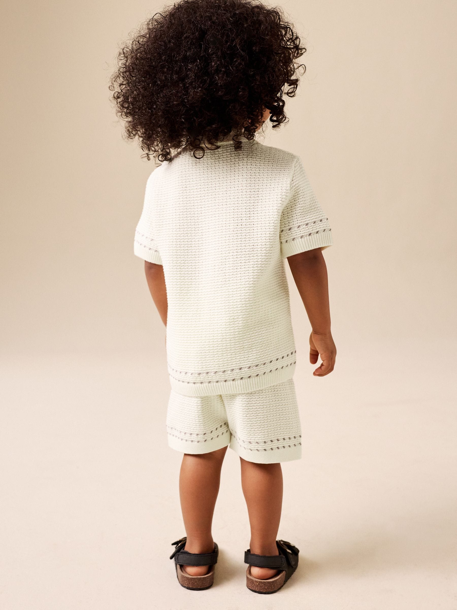 Ecru Textured Knitted Button Through Polo Shirt and Shorts Set (3mths-10yrs) image 3