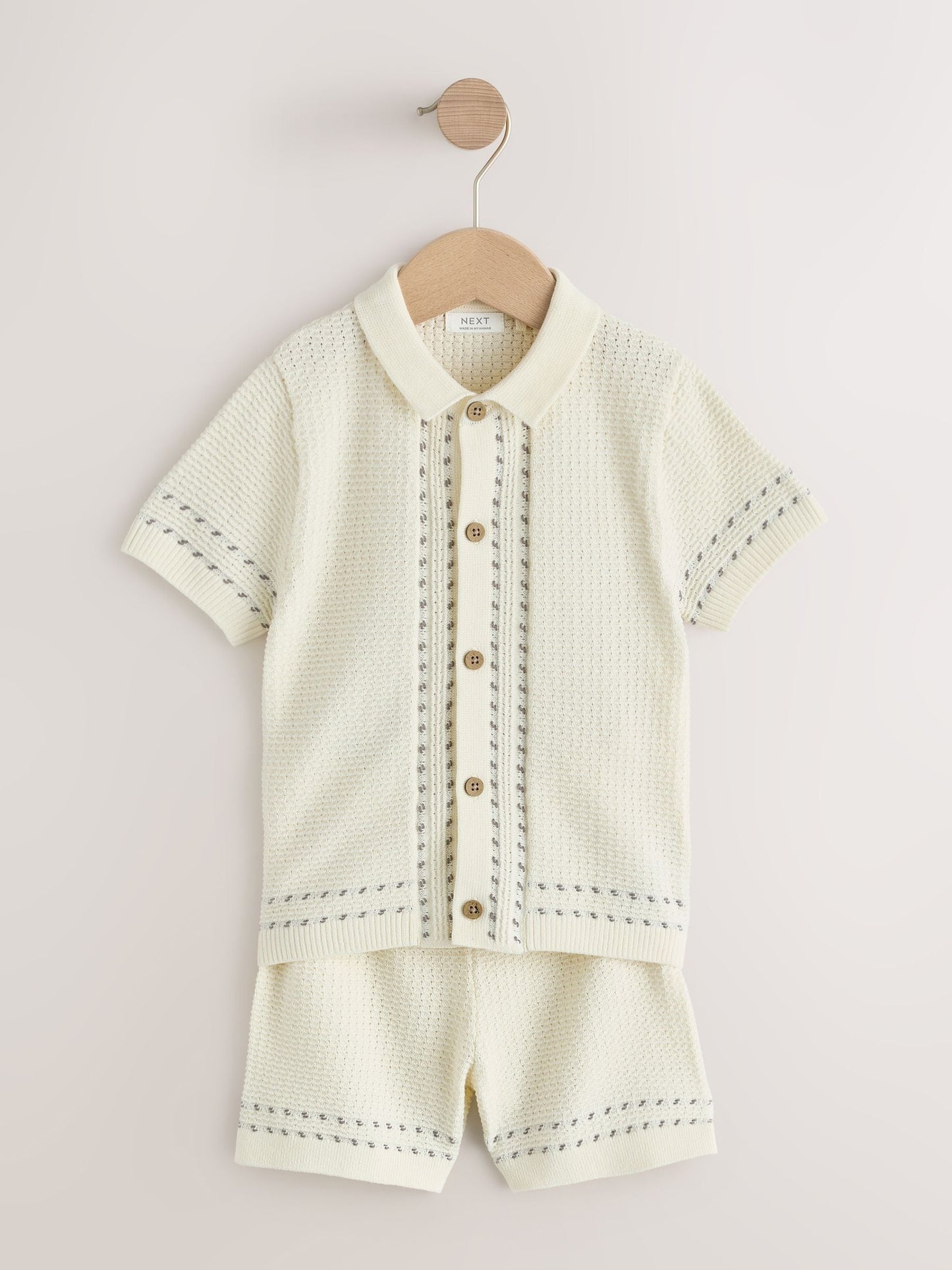 Ecru Textured Knitted Button Through Polo Shirt and Shorts Set (3mths-10yrs) image 4