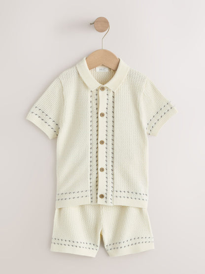 Ecru Textured Knitted Button Through Polo Shirt and Shorts Set (3mths-10yrs) image 4
