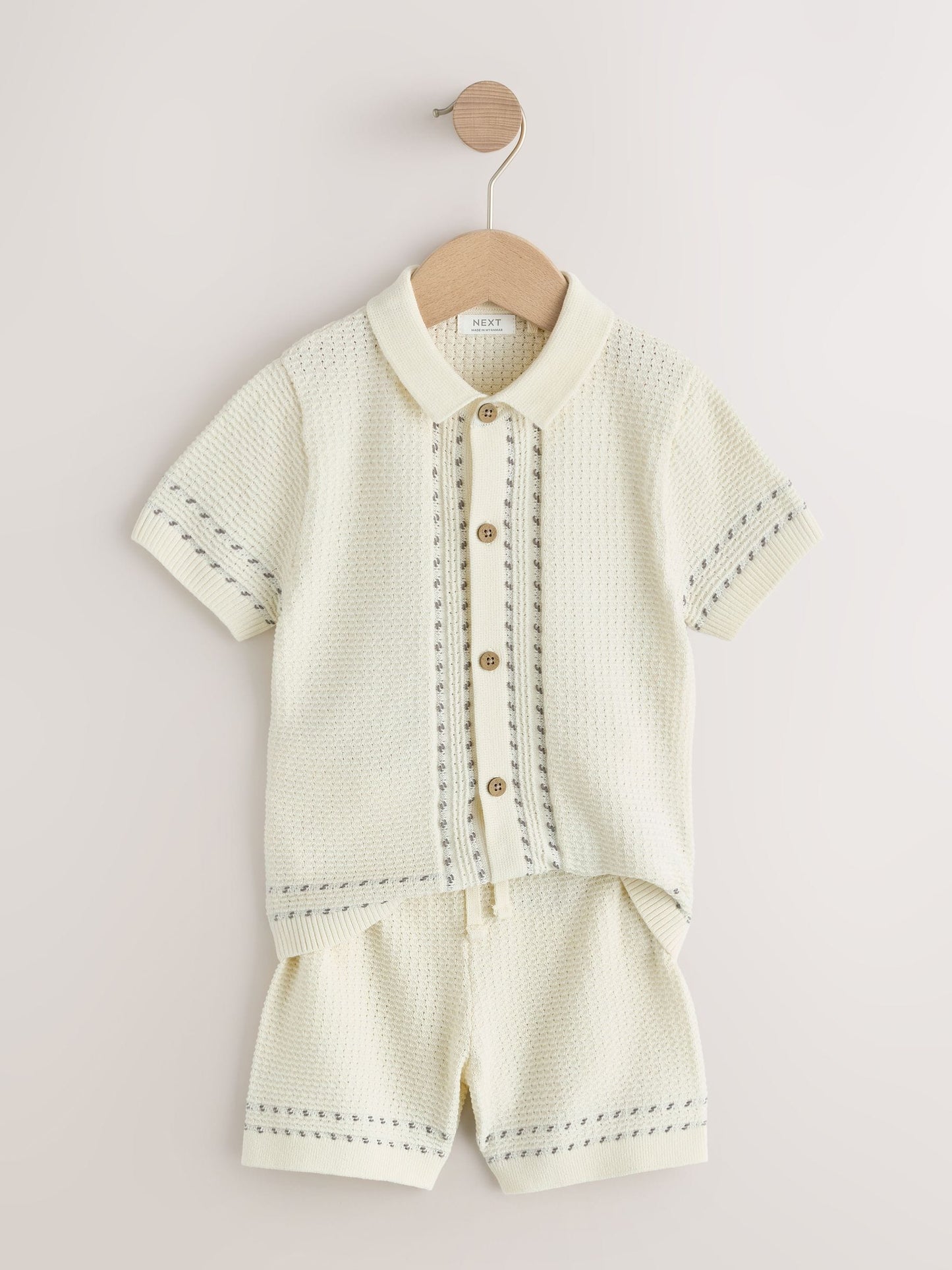 Ecru Textured Knitted Button Through Polo Shirt and Shorts Set (3mths-10yrs) image 5