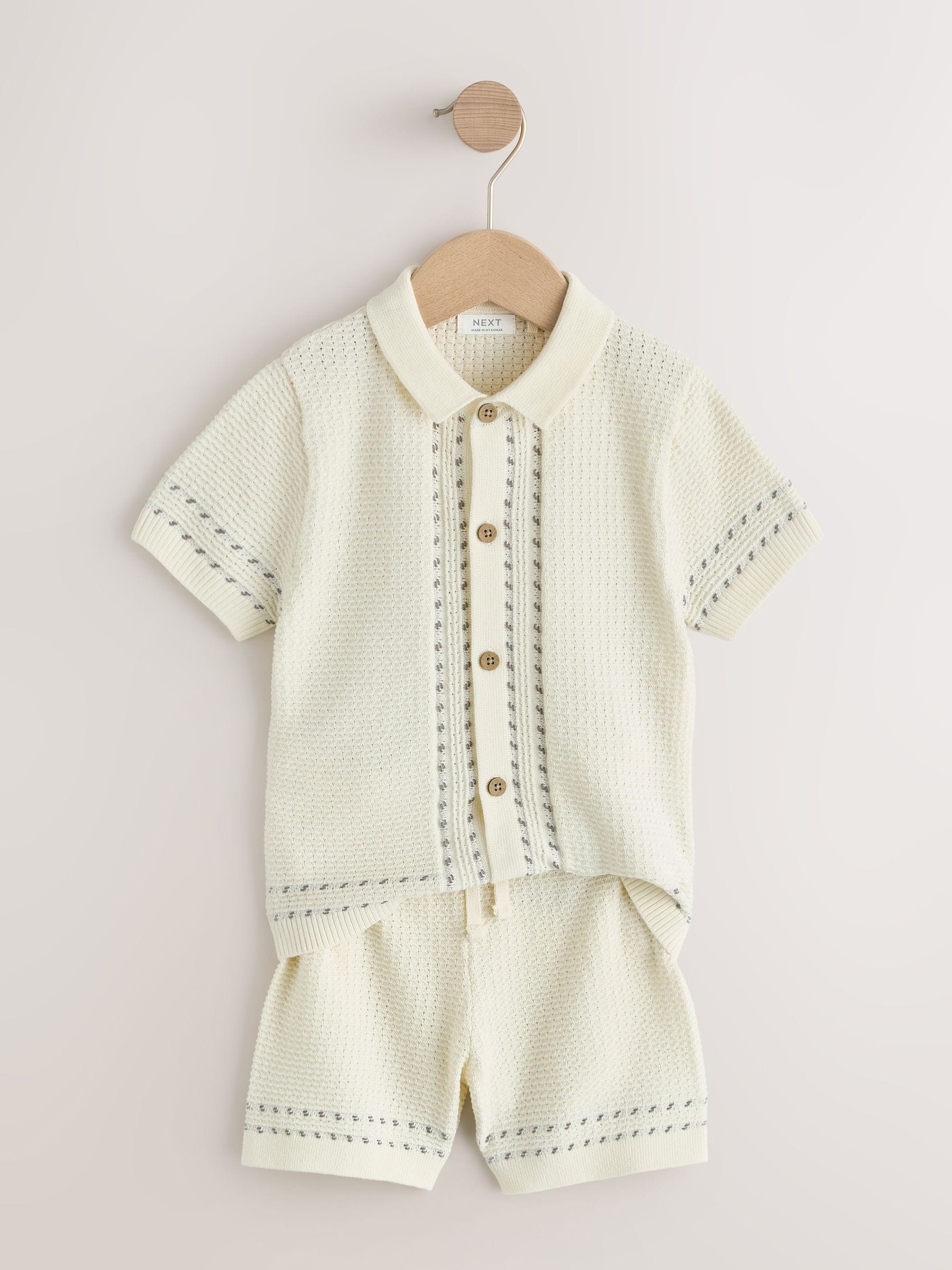 Ecru Textured Knitted Button Through Polo Shirt and Shorts Set (3mths-10yrs) image 5