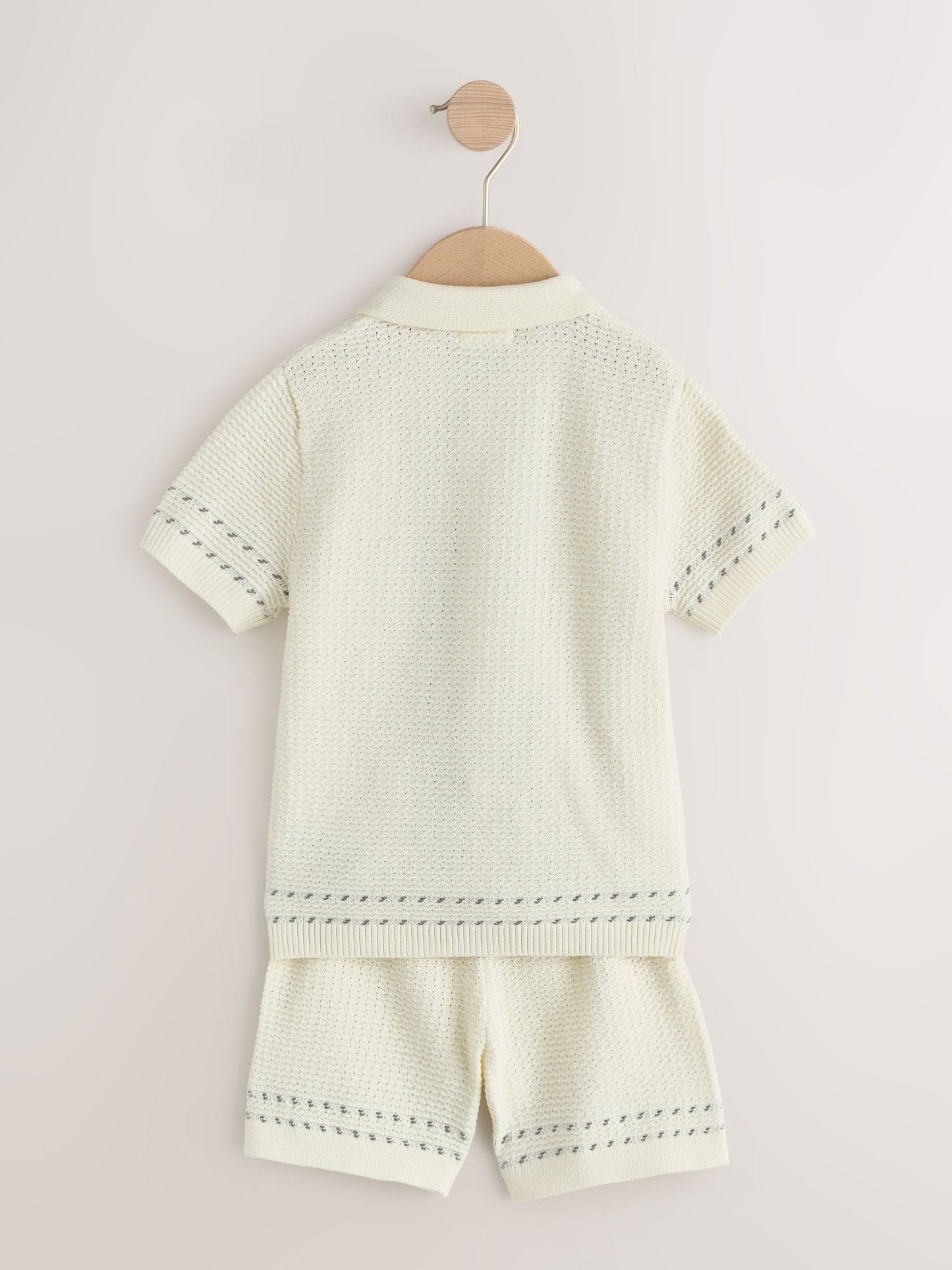 Ecru Textured Knitted Button Through Polo Shirt and Shorts Set (3mths-10yrs) image 6