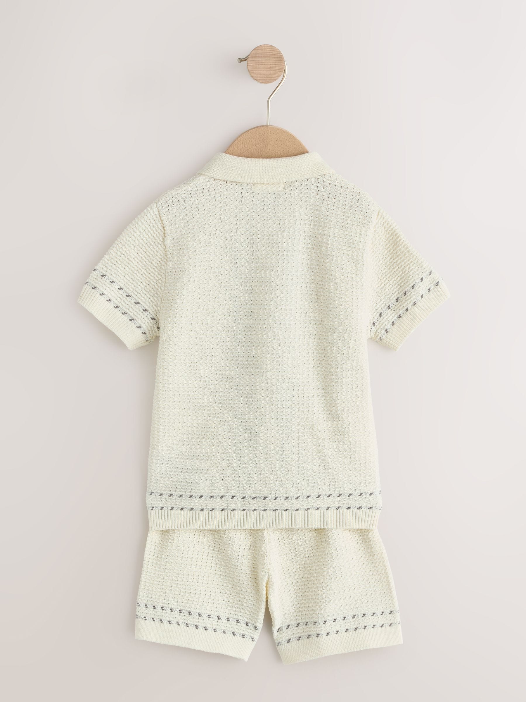 Ecru Textured Knitted Button Through Polo Shirt and Shorts Set (3mths-10yrs) image 6
