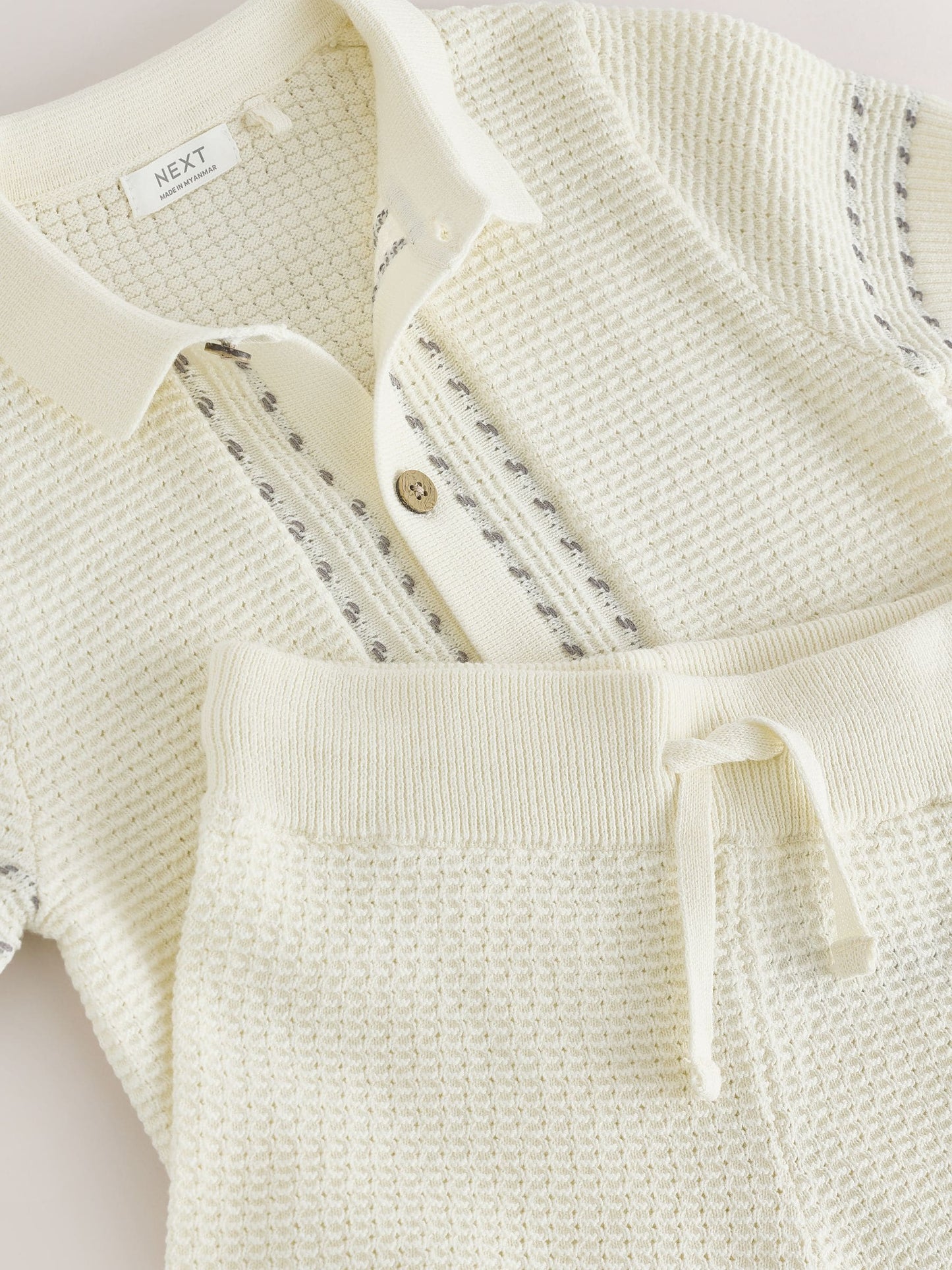 Ecru Textured Knitted Button Through Polo Shirt and Shorts Set (3mths-10yrs) image 7
