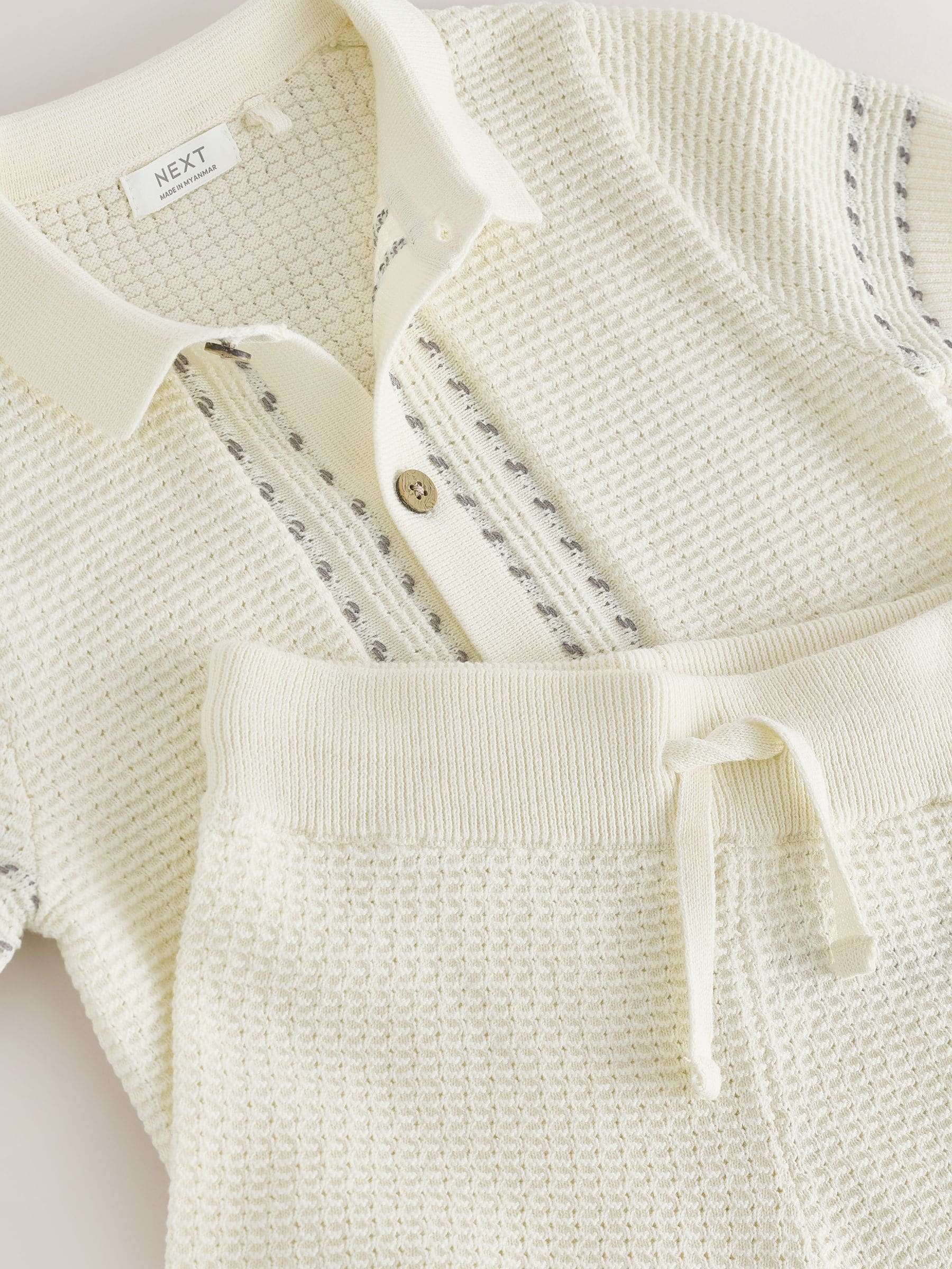 Ecru Textured Knitted Button Through Polo Shirt and Shorts Set (3mths-10yrs) image 7