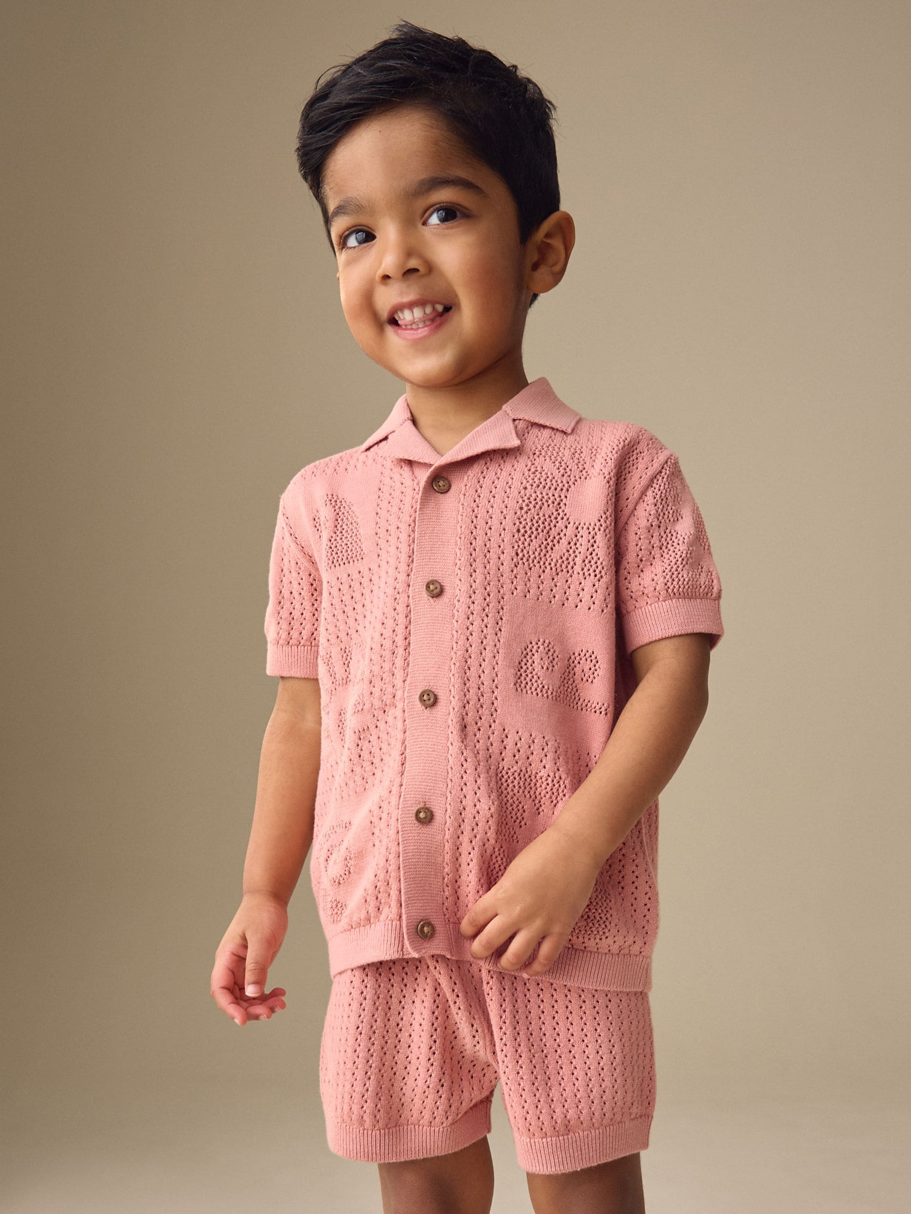 Dusky Pink Textured Knitted Polo Shirt and Shorts Set (3mths-10yrs) image 1