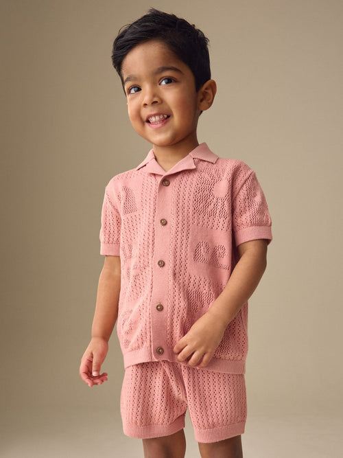 Dusky Pink Textured Knitted Polo Shirt and Shorts Set (3mths-10yrs) image 1