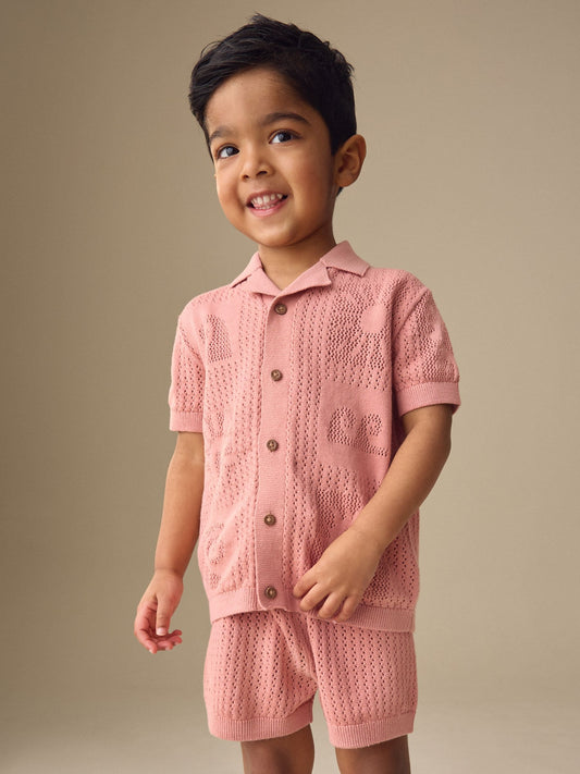 Dusky Pink Textured Knitted Polo Shirt and Shorts Set (3mths-10yrs) image 1