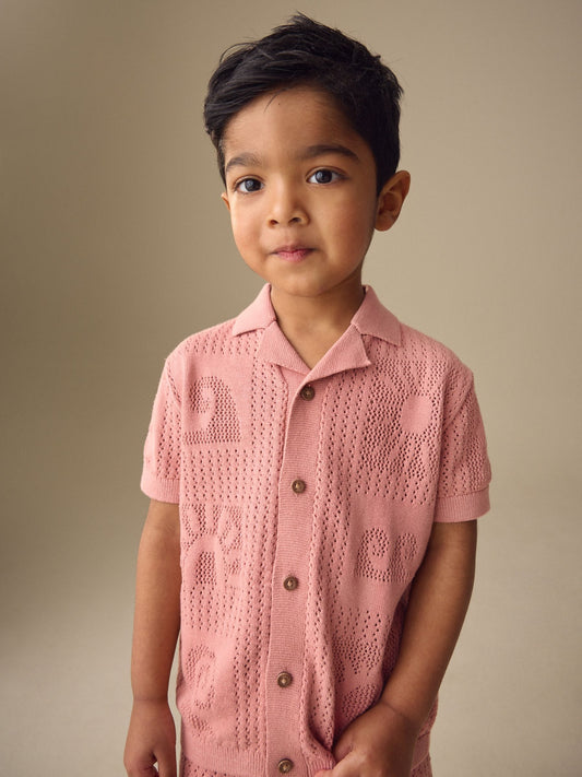 Dusky Pink Textured Knitted Polo Shirt and Shorts Set (3mths-10yrs) image 3