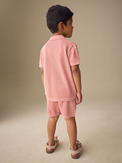 Dusky Pink Textured Knitted Polo Shirt and Shorts Set (3mths-10yrs) image 3