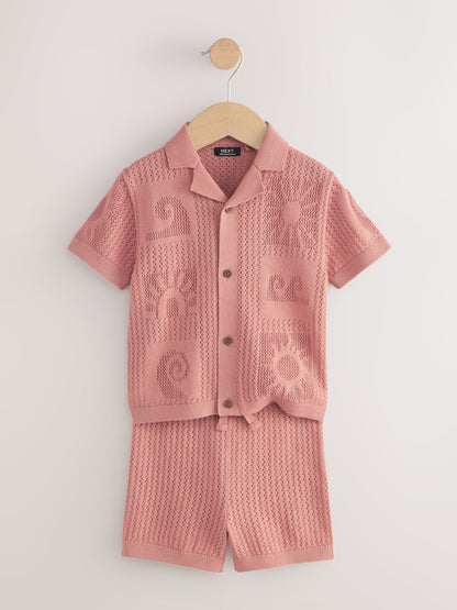 Dusky Pink Textured Knitted Polo Shirt and Shorts Set (3mths-10yrs) image 4