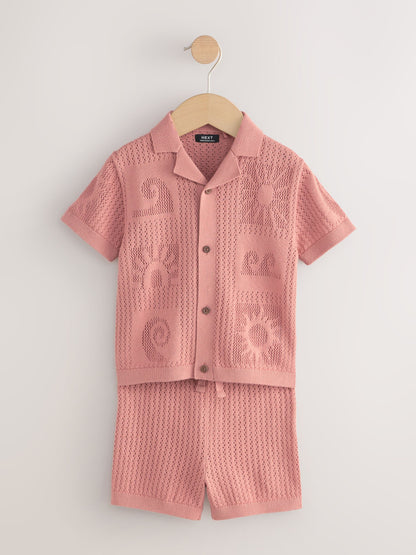 Dusky Pink Textured Knitted Polo Shirt and Shorts Set (3mths-10yrs) image 5