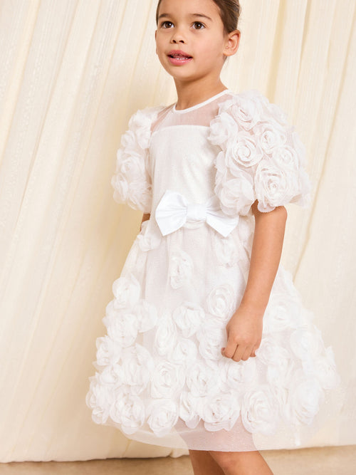 Dsiney Kidz - Lipsy White 3D Floral Puff Sleeve Sparkle Occasion Dress (2-7yrs) image 1