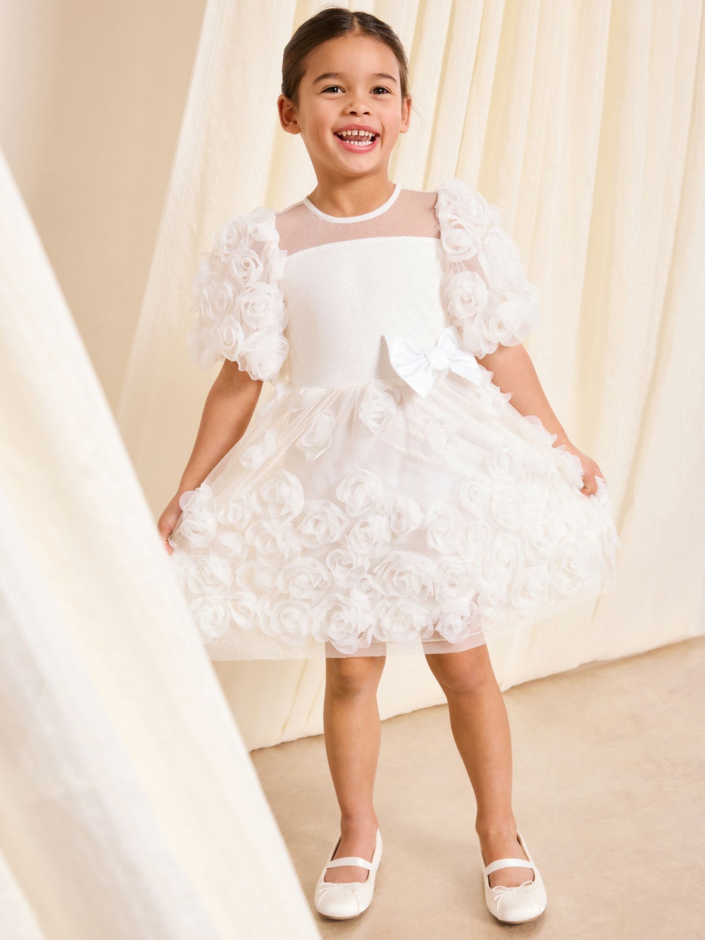 Lipsy White 3D Floral Puff Sleeve Sparkle Occasion Dress (2-7yrs) image 3