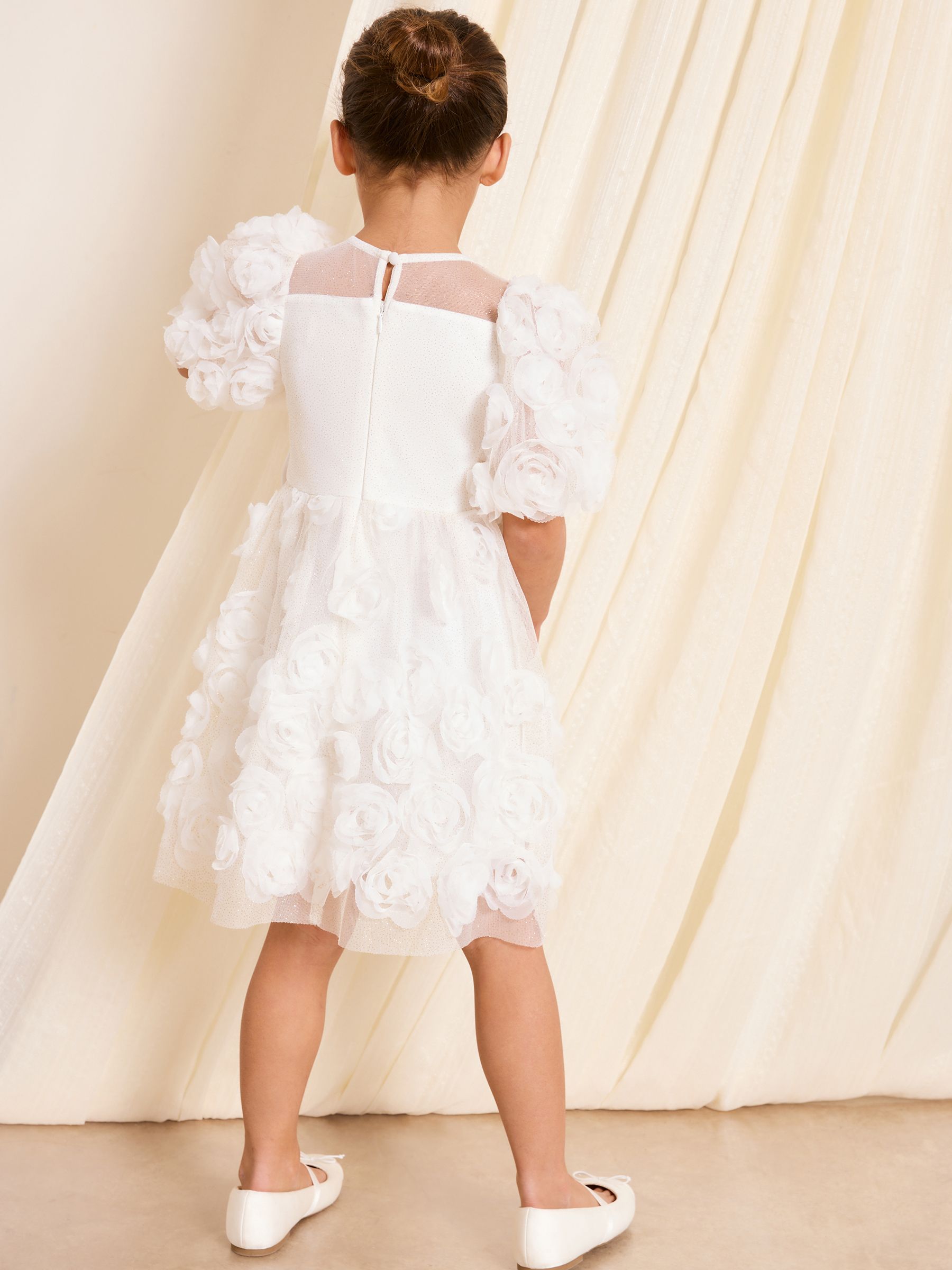 Lipsy White 3D Floral Puff Sleeve Sparkle Occasion Dress (2-7yrs) image 4