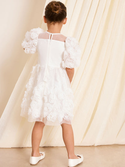 Lipsy White 3D Floral Puff Sleeve Sparkle Occasion Dress (2-7yrs) image 4