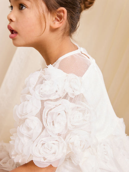 Lipsy White 3D Floral Puff Sleeve Sparkle Occasion Dress (2-7yrs) image 5