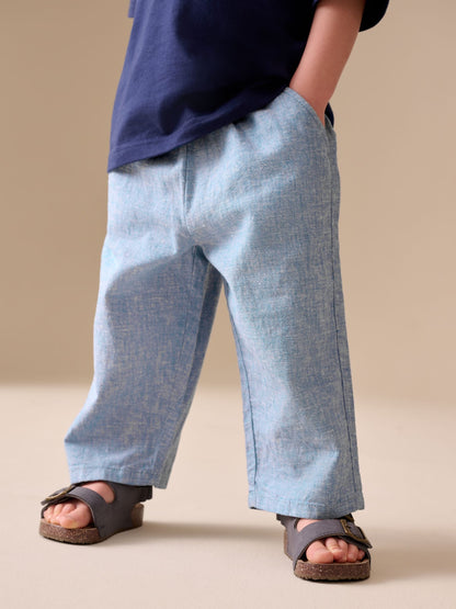 Chambray Blue Wide Fit Linen Blend Pull on Trousers (3mths-7yrs) image 1