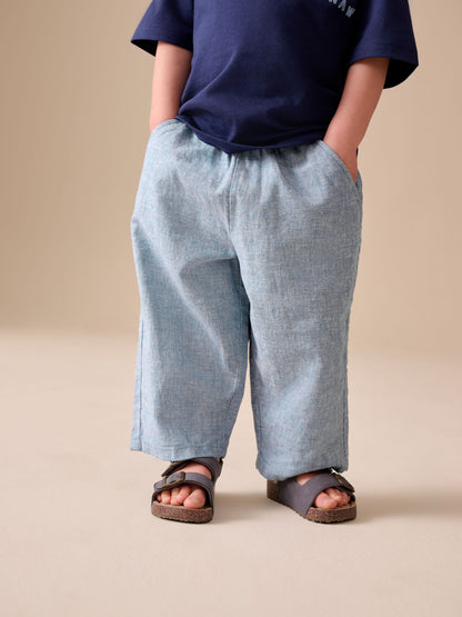 Chambray Blue Wide Fit Linen Blend Pull on Trousers (3mths-7yrs) image 2