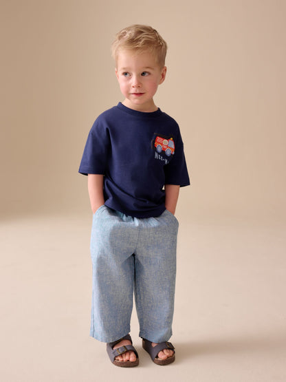 Chambray Blue Wide Fit Linen Blend Pull on Trousers (3mths-7yrs) image 3