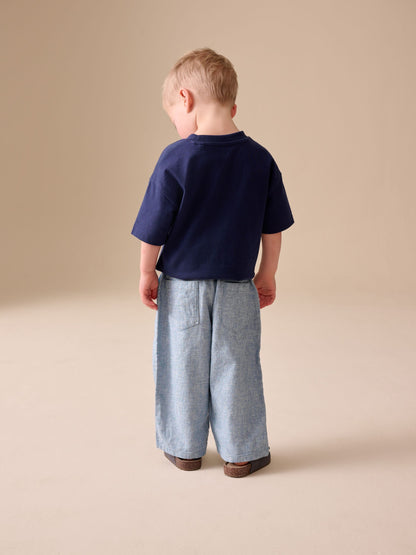 Chambray Blue Wide Fit Linen Blend Pull on Trousers (3mths-7yrs) image 4
