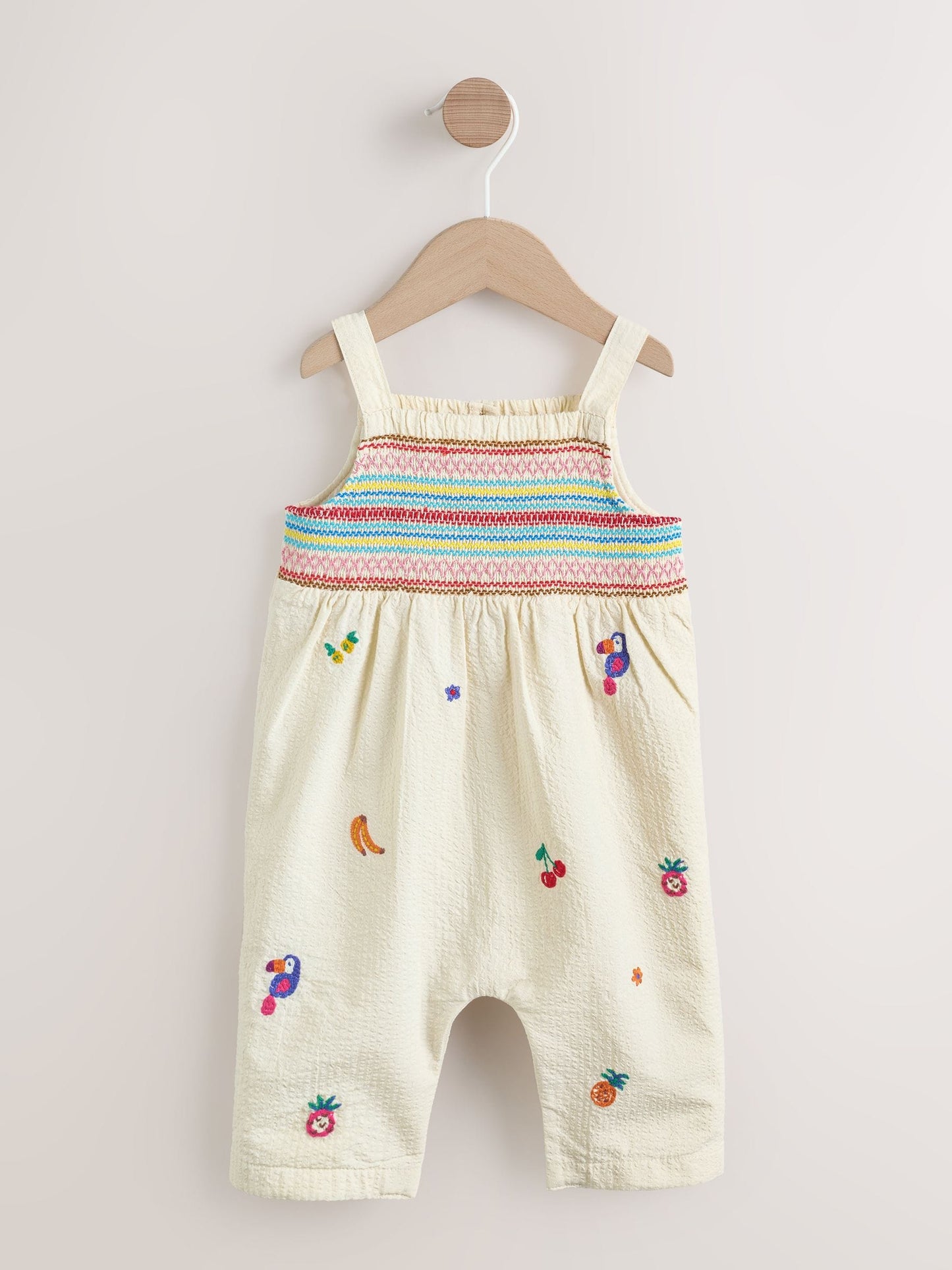 White Tropical Embroidery Baby Long Leg Romper (0mths-2yrs) image 1