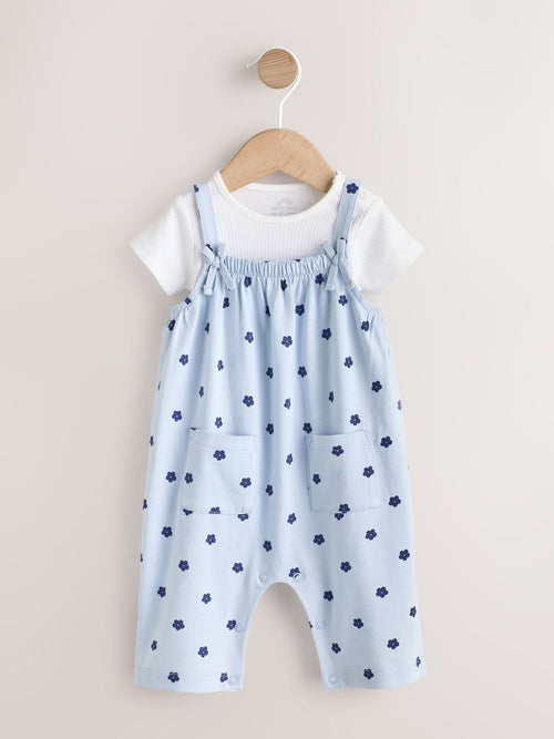 Blue Floral Baby Jersey Dungarees and Bodysuits Set 2 Piece (0mths-3yrs) image 1