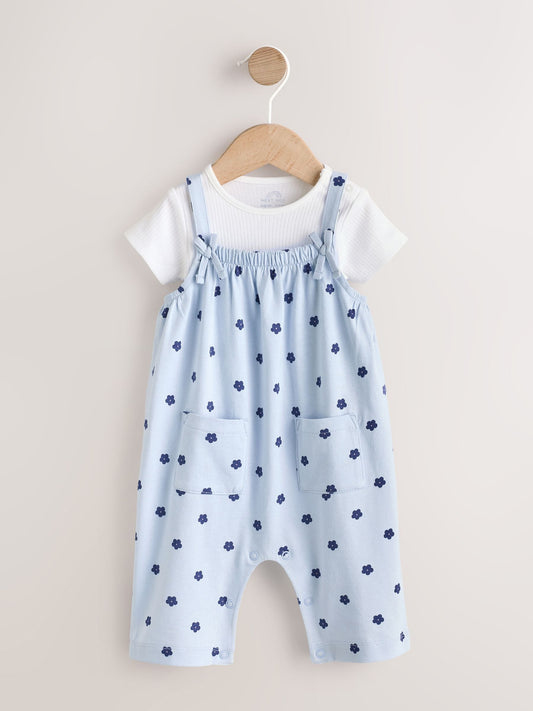 Blue Floral Baby Jersey Dungarees and Bodysuits Set 2 Piece (0mths-3yrs) image 1