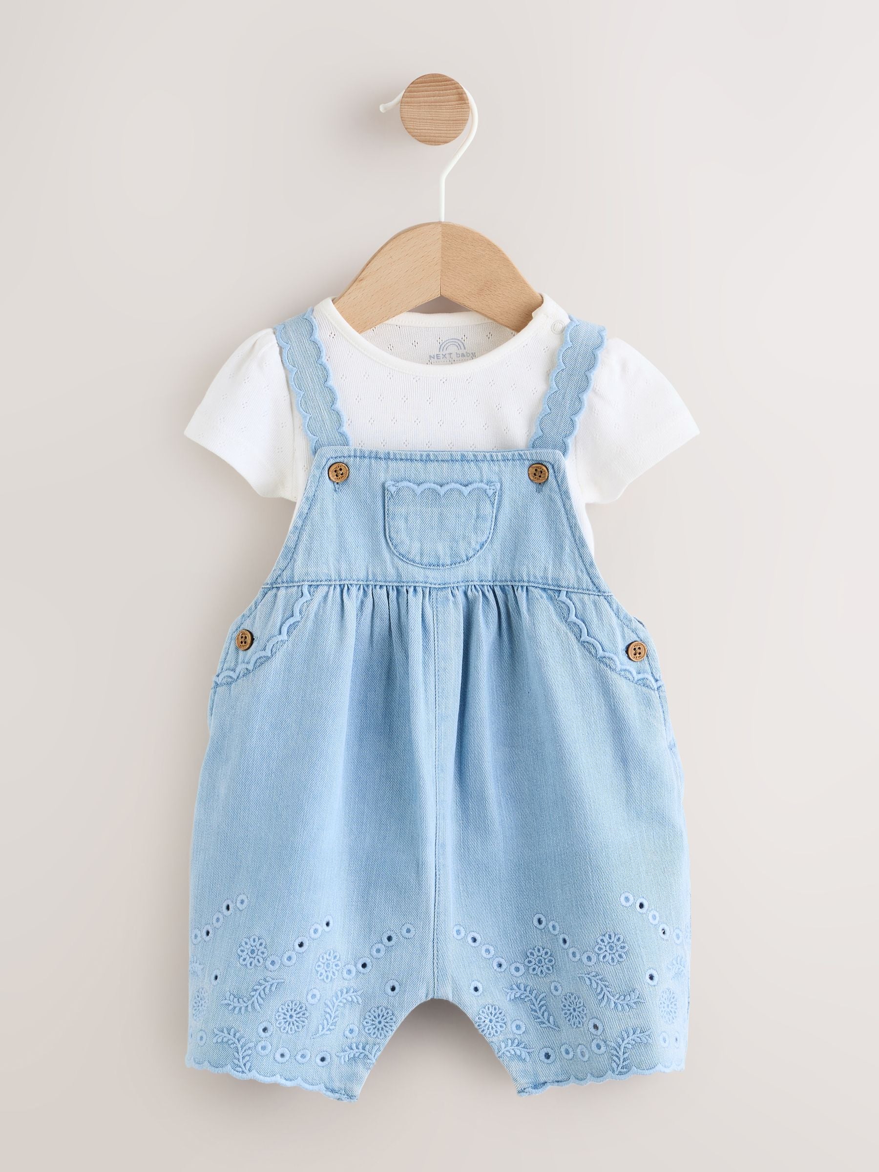 Denim Blue Broiderie Dungaree and Bodysuit Baby 2 Piece Set (0mths-3yrs) image 1