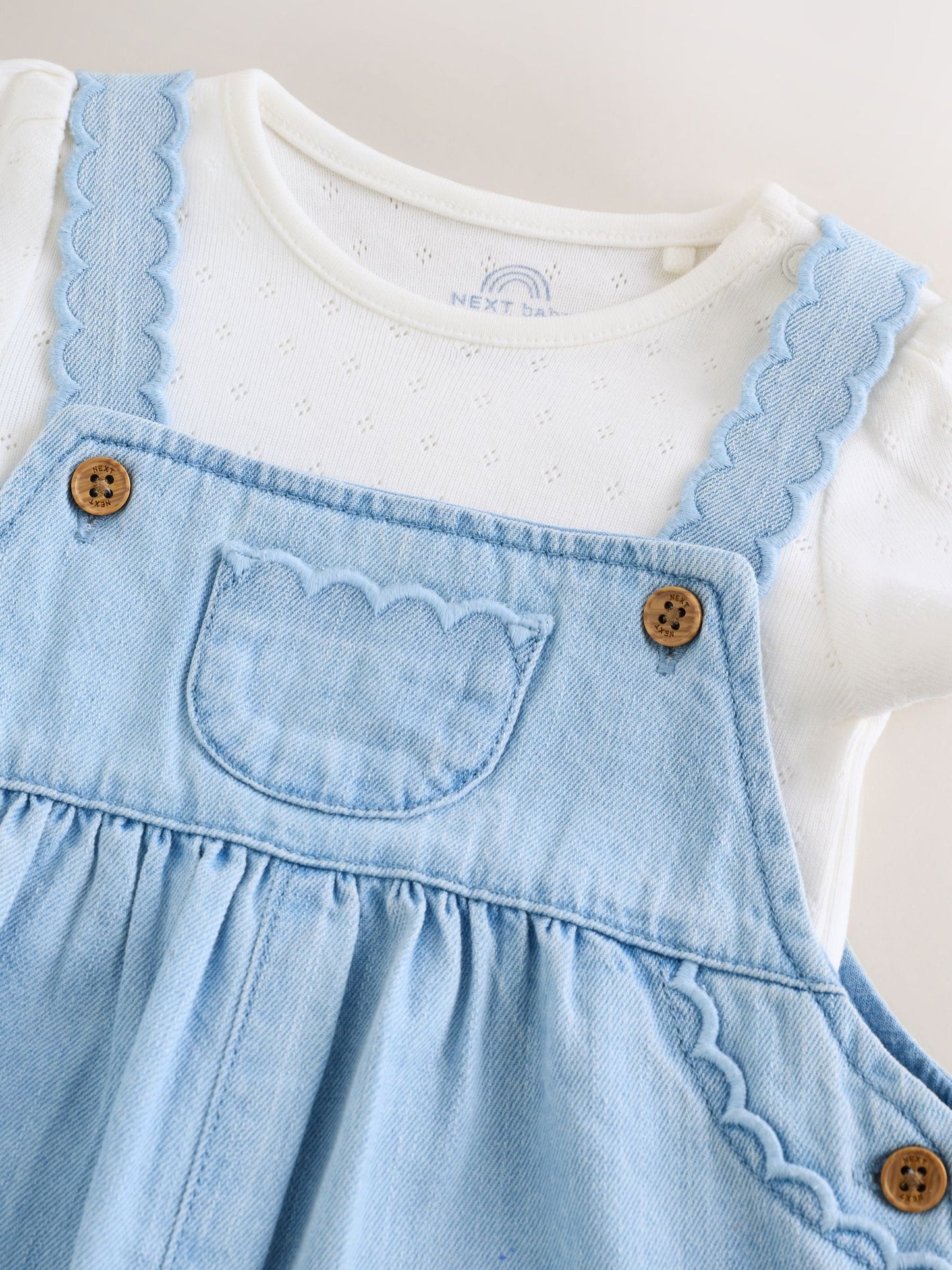 Denim Blue Broiderie Dungaree and Bodysuit Baby 2 Piece Set (0mths-3yrs) image 6