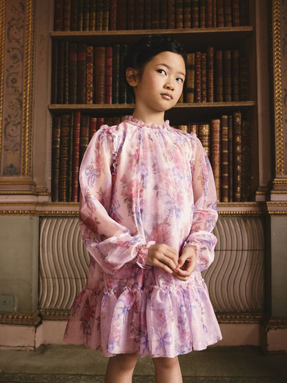 Pink Bow Floral Long Sleeve Mesh Dress (3-16yrs) image 1