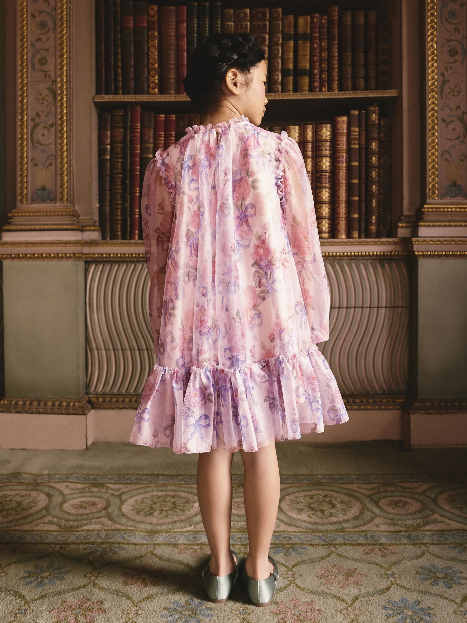 Pink Bow Floral Long Sleeve Mesh Dress (3-16yrs) image 3