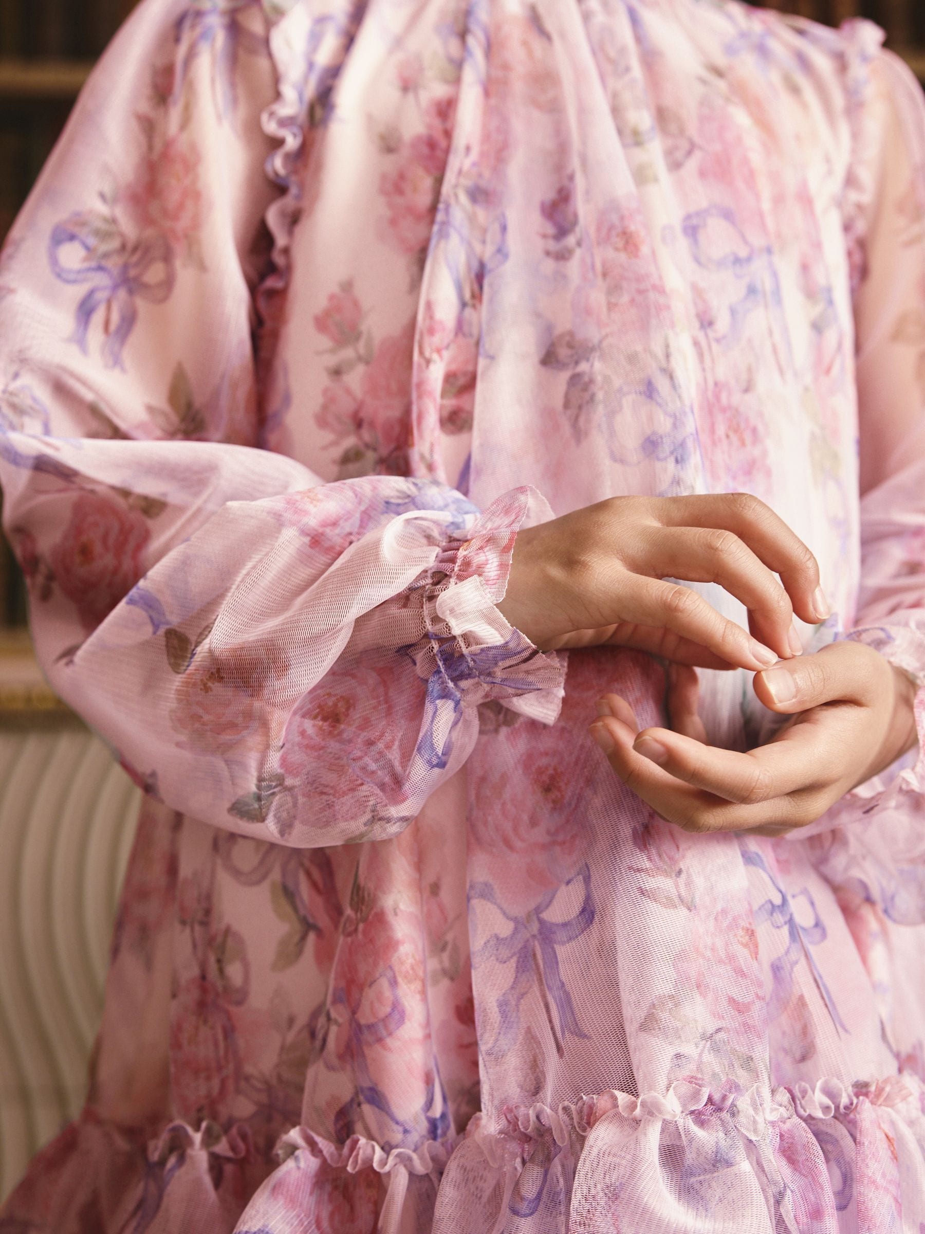 Pink Bow Floral Long Sleeve Mesh Dress (3-16yrs) image 4