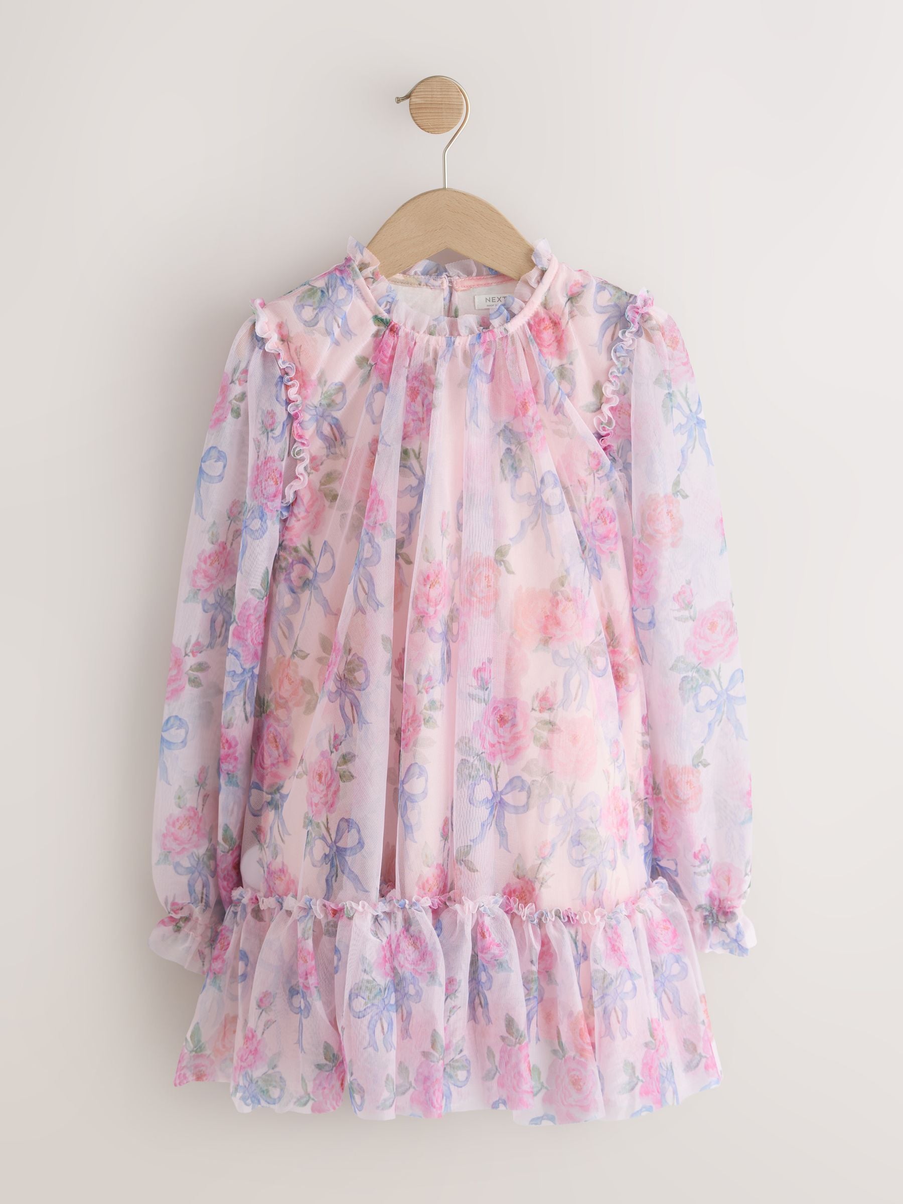 Pink Bow Floral Long Sleeve Mesh Dress (3-16yrs) image 5