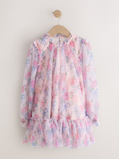 Pink Bow Floral Long Sleeve Mesh Dress (3-16yrs) image 5