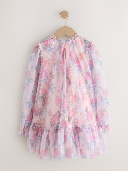 Pink Bow Floral Long Sleeve Mesh Dress (3-16yrs) image 6