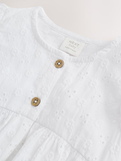 White Broiderie Woven Baby Dress With Intergrated Bodysuit (0mths-2yrs) image 4