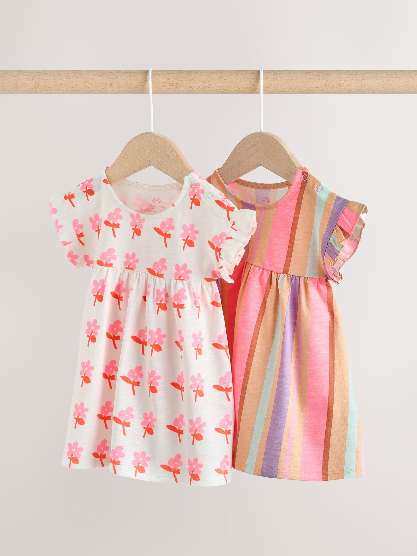 White Floral/ Pink Stripe Baby Short Sleeve Dresse 2 Pack (0mths-3yrs) image 1