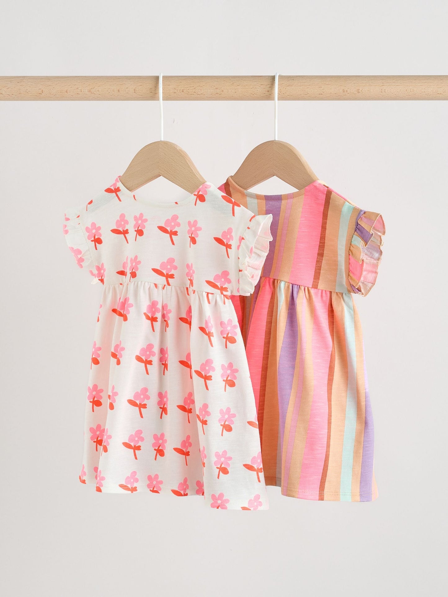 White Floral/ Pink Stripe Baby Short Sleeve Dresse 2 Pack (0mths-3yrs) image 4