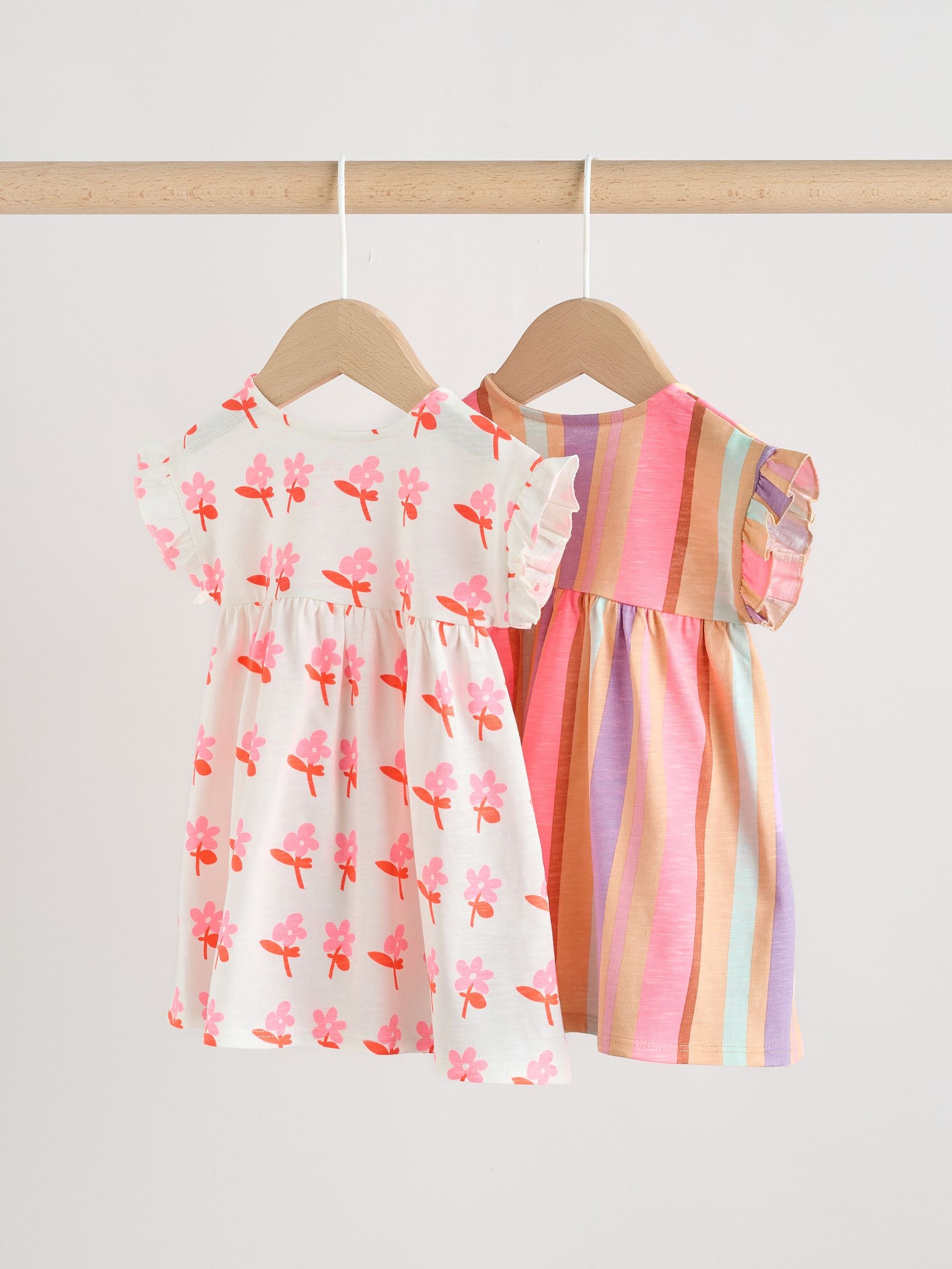 White Floral/ Pink Stripe Baby Short Sleeve Dresse 2 Pack (0mths-3yrs) image 4