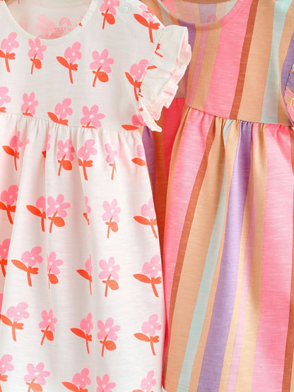 White Floral/ Pink Stripe Baby Short Sleeve Dresse 2 Pack (0mths-3yrs) image 6