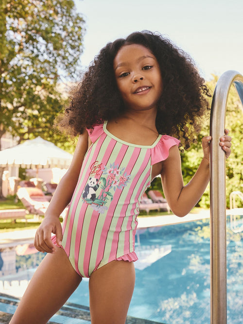 Cath Kidston Pink/Green Stripe Panda Cath Kidston Frill Swimsuit (3mths-7yrs) image 1